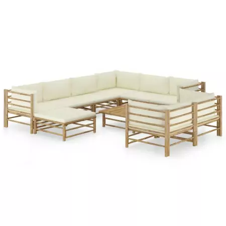 Set Divani da Giardino 10 pz con Cuscini Bianco Crema in Bambù