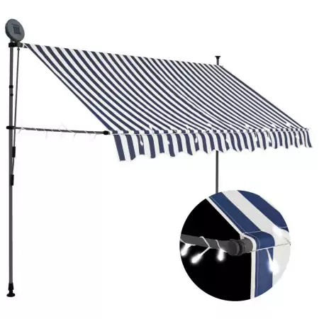 Tenda da Sole Retrattile Manuale con LED 300 cm Blu e Bianco