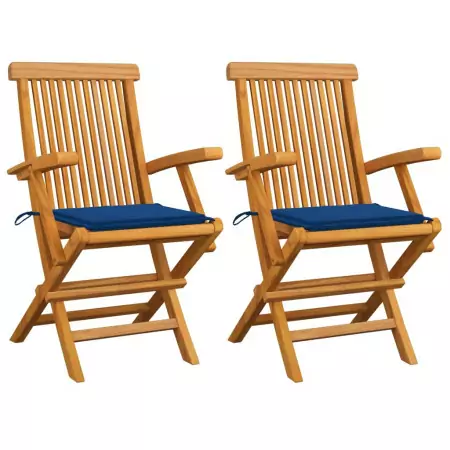 Sedie da Giardino con Cuscini Blu Reale 2 pz Massello di Teak