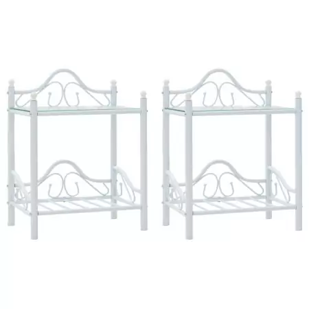 Comodini Set 2 pz Acciaio e Vetro Temperato 45x30,5x60cm Bianco