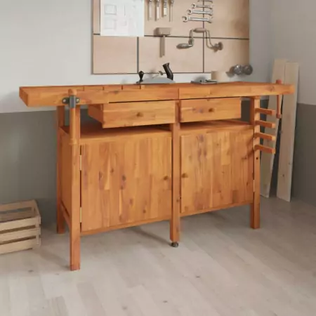 Banco Lavoro Cassetti e Morse 162x62x83cm Legno Massello Acacia