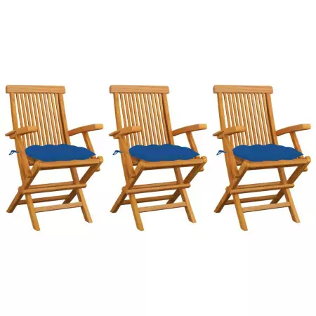 Sedie da Giardino con Cuscini Blu 3 pz in Massello di Teak