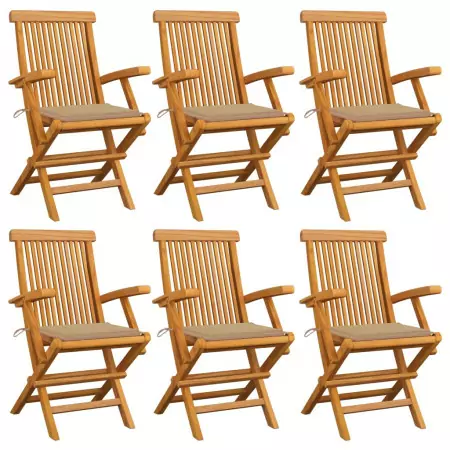 Sedie da Giardino con Cuscini Beige 6 pz in Massello di Teak