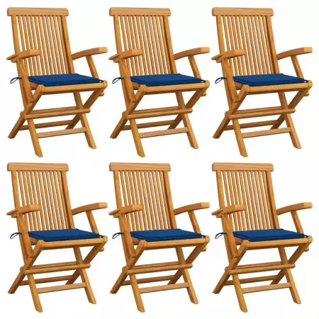 Sedie da Giardino con Cuscini Blu Reale 6 pz Massello di Teak