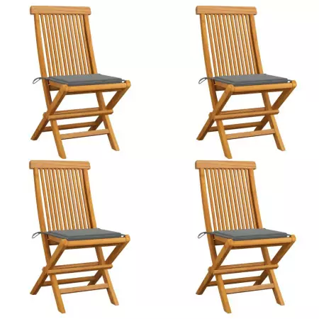 Sedie da Giardino con Cuscini Grigi 4 pz Massello di Teak