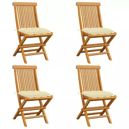 Sedie da Giardino con Cuscini Bianco Crema 4pz Massello di Teak