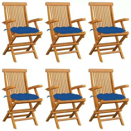 Sedie da Giardino con Cuscini Blu 6 pz in Massello di Teak