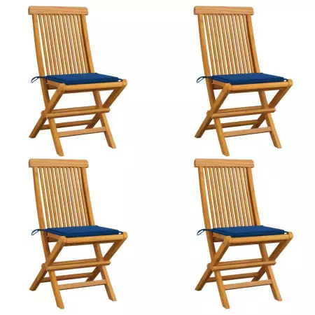 Sedie da Giardino con Cuscini Blu Reale 4 pz Massello di Teak