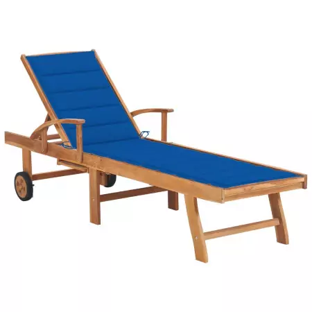 Lettino Prendisole con Cuscino in Massello di Teak Blu Reale