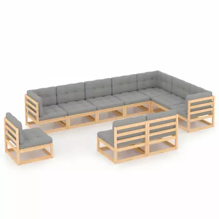 Set Divani da Giardino 10 pz con Cuscini Legno Massello di Pino