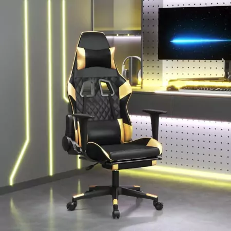 Sedia da Gaming con Poggiapiedi Nero e Oro in Similpelle