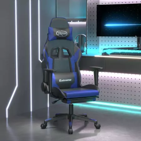 Sedia da Gaming con Poggiapiedi Nero e Blu in Similpelle