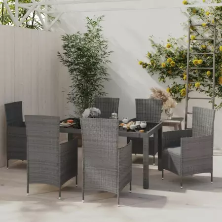 Set da Pranzo da Giardino 7 pz con Cuscini in Polyrattan Grigio