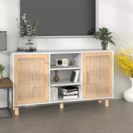 Credenza Bianca 105x30x60cm Legno Massello Pino Rattan Naturale