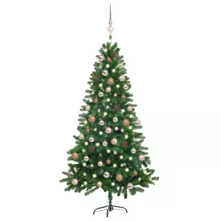 Set Albero Natale Artificiale con LED e Palline Verde 180 cm