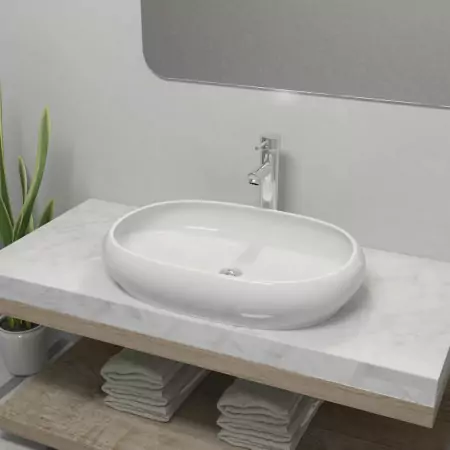 Lavello Bagno con Miscelatore in Ceramica Ovale Bianco