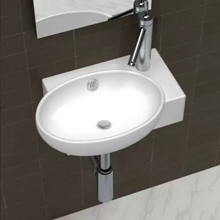 Lavello Ceramica con Foro Rubinetto e Troppo Pieno Bianco