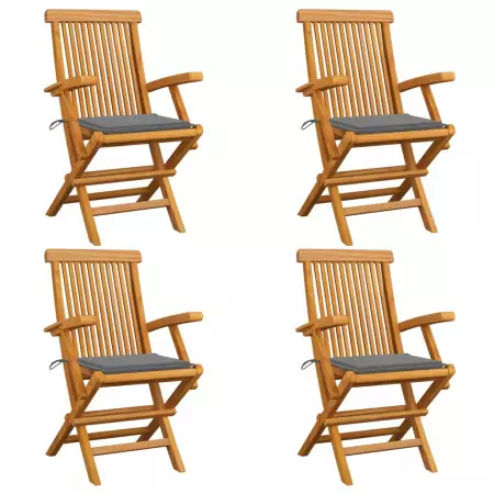 Sedie da Giardino con Cuscini Grigi 4 pz Massello di Teak