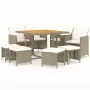 Set da Pranzo per Giardino 9pz con Cuscini in Polyrattan Beige