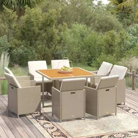 Set da Pranzo per Giardino 9pz con Cuscini in Polyrattan Beige