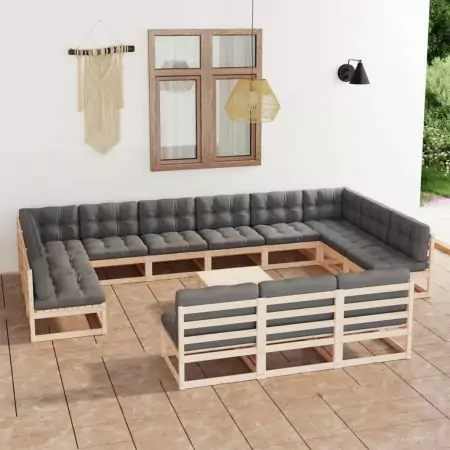 Set Divani da Giardino 14 pz con Cuscini Legno Massello di Pino