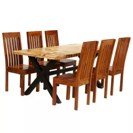 Set Tavolo da Pranzo 7 pz Legno Massello di Acacia e Mango