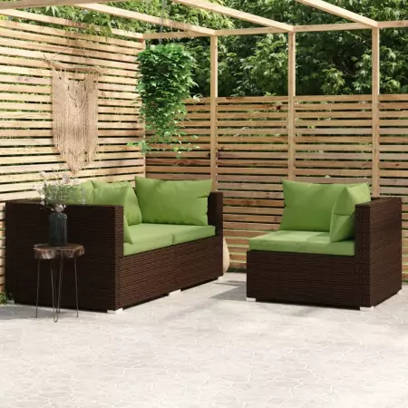 Set Divano da Giardino 3 pz con Cuscini in Polyrattan Marrone