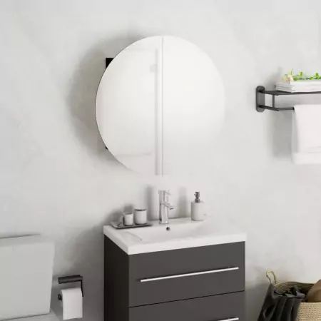 Armadio da Bagno con Specchio Rotondo e LED Nero 40x40x17,5cm