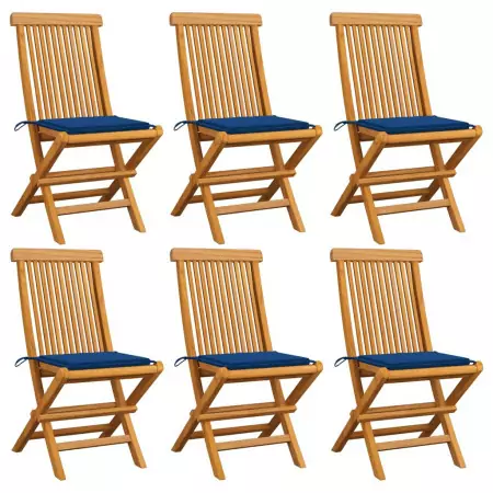 Sedie da Giardino con Cuscini Blu Reale 6 pz Massello di Teak