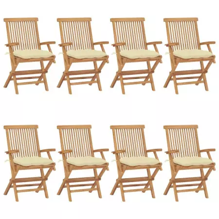 Sedie da Giardino e Cuscini Bianco Crema 8 pz Massello di Teak