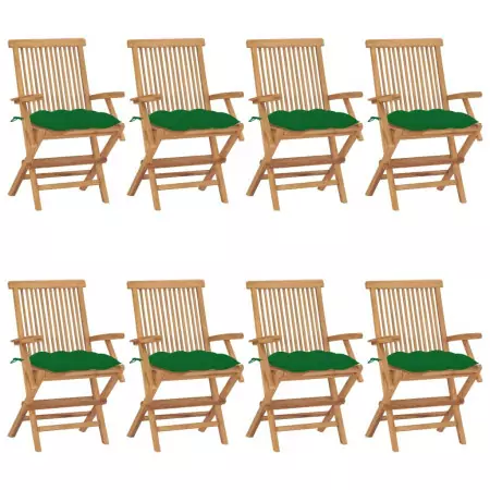 Sedie da Giardino con Cuscini Verdi 8 pz in Massello di Teak