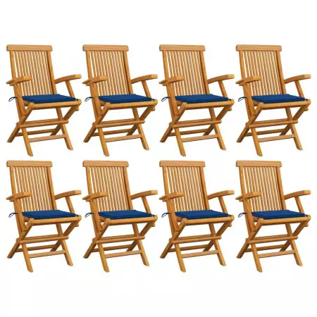 Sedie da Giardino con Cuscini Blu Reale 8 pz Massello di Teak