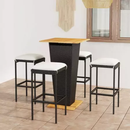 Set da Bar da Giardino 5 pz con Cuscini in Polyrattan Nero