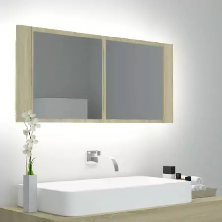 Armadietto a Specchio con Luci LED Rovere Sonoma 100x12x45 cm