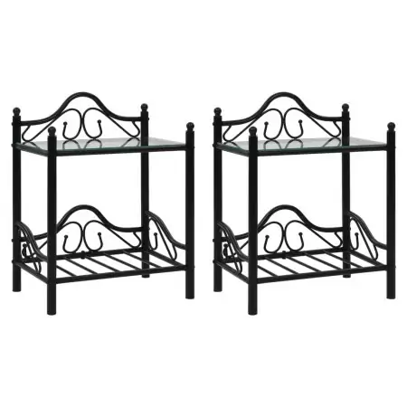 Comodini Set 2pz in Acciaio e Vetro Temperato 45x30,5x60cm Nero