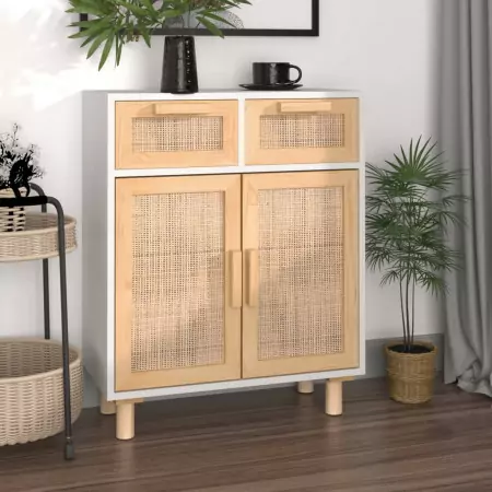 Credenza Bianca 60x30x75 cm Legno Massello Pino Rattan Naturale