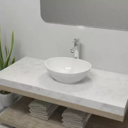 Lavello Bagno con Miscelatore in Ceramica Ovale Bianco