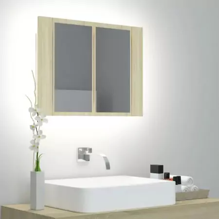 Armadietto a Specchio con Luci LED Rovere Sonoma 60x12x45 cm