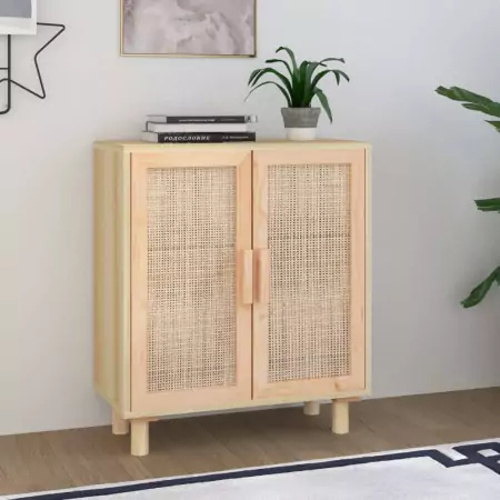 Credenza Marrone 60x30x70cm Legno Massello Pino Rattan Naturale