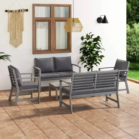 Set Divani da Giardino 5 pz con Cuscini in Legno Acacia Grigio