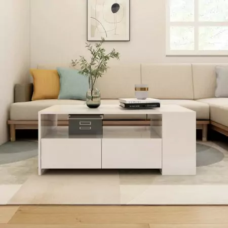 Tavolino da Salotto Bianco Lucido 102x55x42 cm Legno Compensato