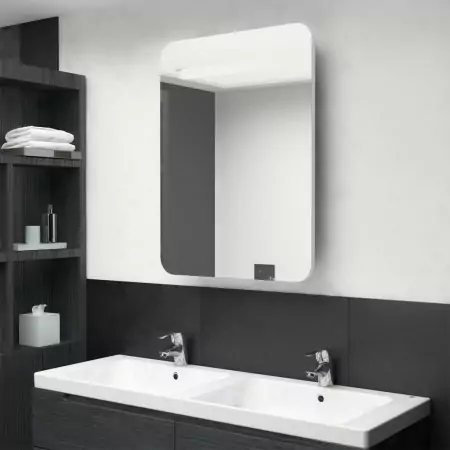 Armadietto Bagno con Specchio e LED Bianco Lucido 60x11x80 cm