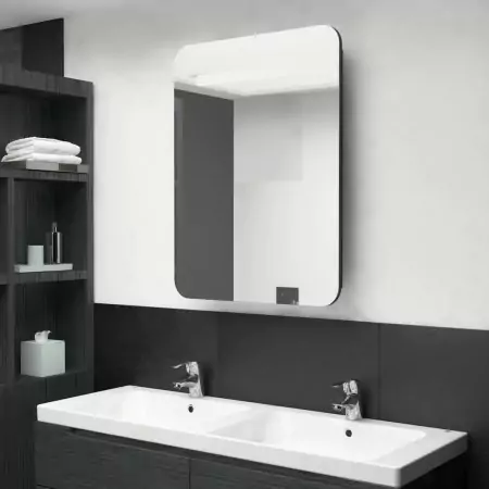 Armadietto Bagno con Specchio e LED Nero 60x11x80 cm