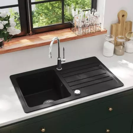 Lavandino Cucina Granito Singolo Scolapiatti Reversibile Nero