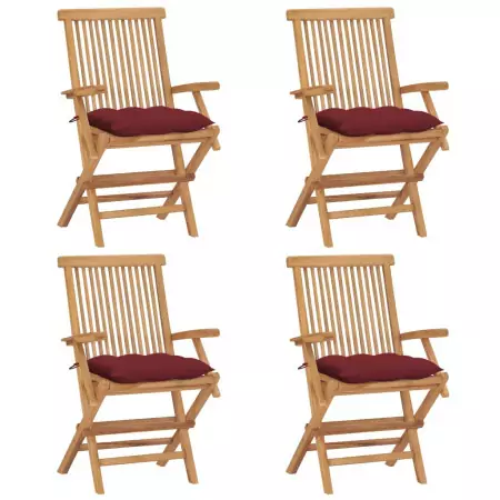 Sedie da Giardino con Cuscini Rosso Vino 4 pz Massello di Teak