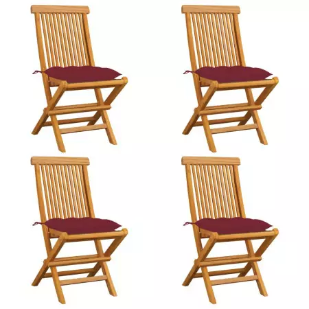 Sedie da Giardino con Cuscini Rosso Vino 4 pz Massello di Teak