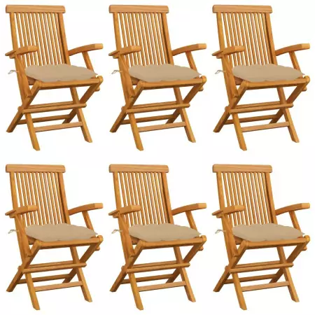 Sedie da Giardino con Cuscini Beige 6 pz in Massello di Teak