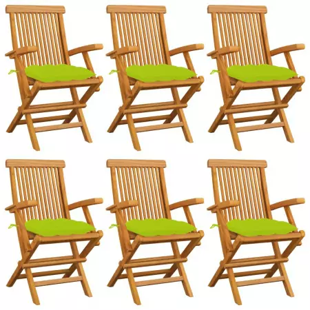 Sedie da Giardino Cuscini Verde Brillante 6 pz Massello di Teak