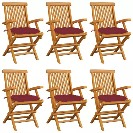 Sedie da Giardino con Cuscini Rosso Vino 6 pz Massello di Teak