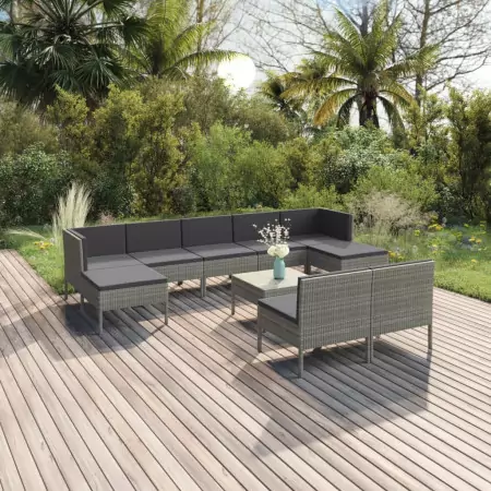 Set Divani da Giardino 10 pz con Cuscini in Polyrattan Grigio